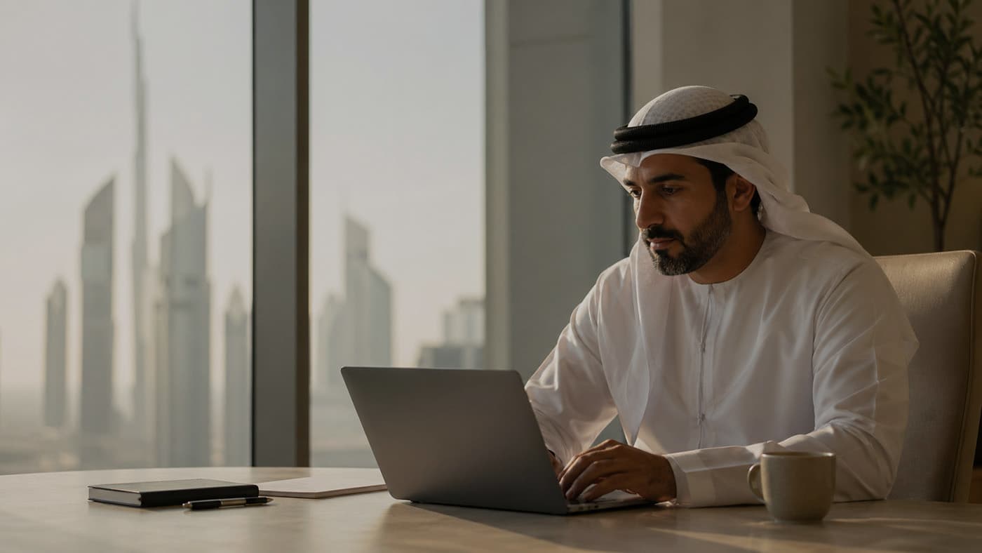 Business professional in the GCC using AI tools on a laptop